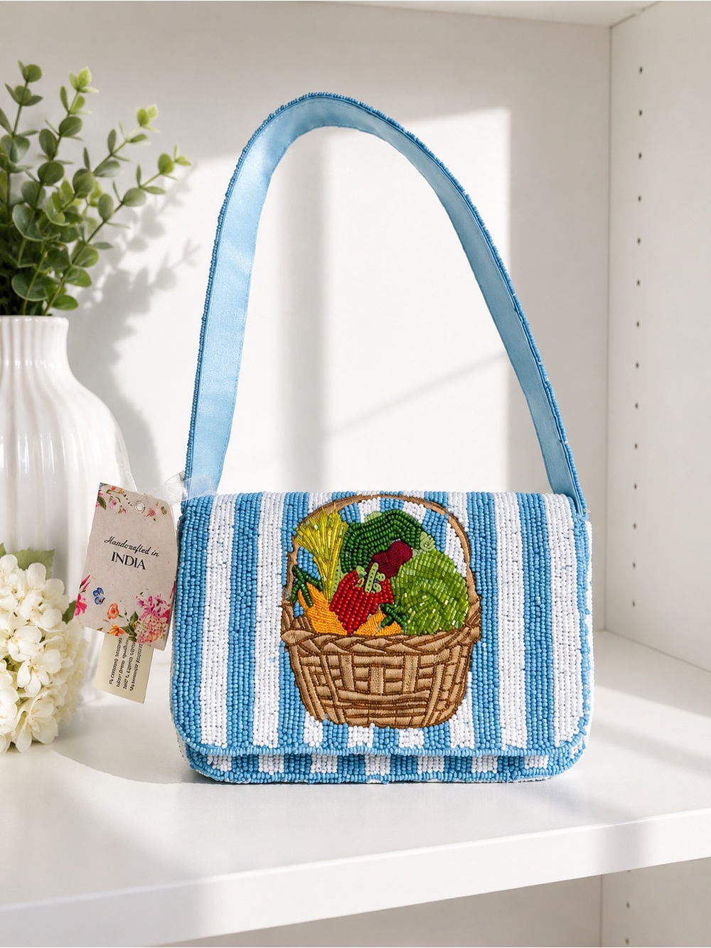 🩵 Handcrafted in India Beaded Market Basket Shoulder Bag